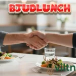 Two professionals shaking hands during a bjudlunch business meeting in a modern Swedish restaurant.