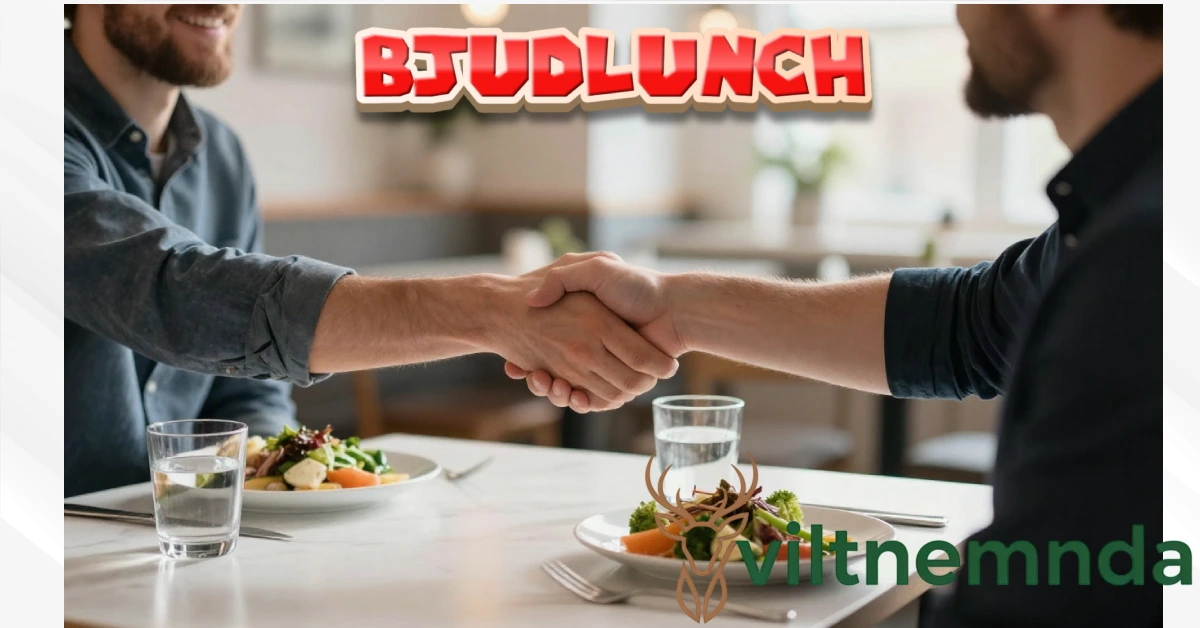 Two professionals shaking hands during a bjudlunch business meeting in a modern Swedish restaurant.