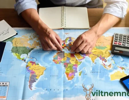 Young traveler with backpack planning budget travel tips on world map for first international trip