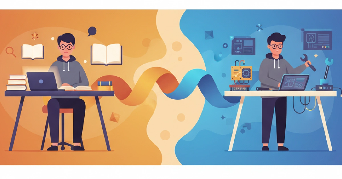 Duaction learning method showing person combining education with practical work experience simultaneously