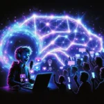 Futuristic digital illustration of Fanquer concept: neon glowing network bridge connecting a passionate content creator with laptop and microphone to excited cheering fans, cyberpunk style with 'Fanquer' framework in center.