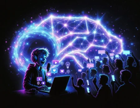Futuristic digital illustration of Fanquer concept: neon glowing network bridge connecting a passionate content creator with laptop and microphone to excited cheering fans, cyberpunk style with 'Fanquer' framework in center.