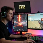 Gamer challenger competing in multiple gaming challenges with professional setup and focused determination