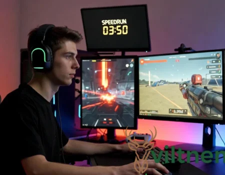 Gamer challenger competing in multiple gaming challenges with professional setup and focused determination