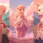 Pink alpaca-girl anime character hitsujikai arupaka with shepherd traits and gentle expression in mountain setting