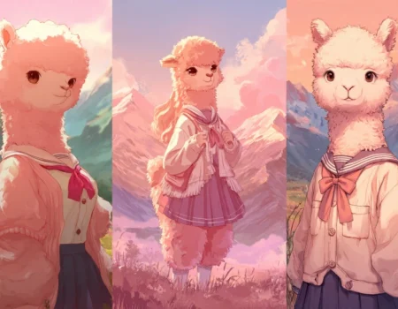 Pink alpaca-girl anime character hitsujikai arupaka with shepherd traits and gentle expression in mountain setting