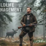 Hunter in Norwegian forest with hunting rifle during moose hunting quota season