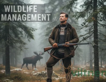 Hunter in Norwegian forest with hunting rifle during moose hunting quota season