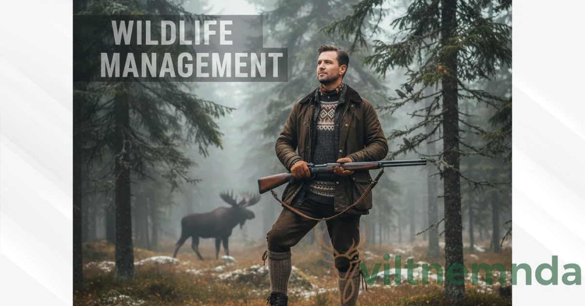 Hunter in Norwegian forest with hunting rifle during moose hunting quota season