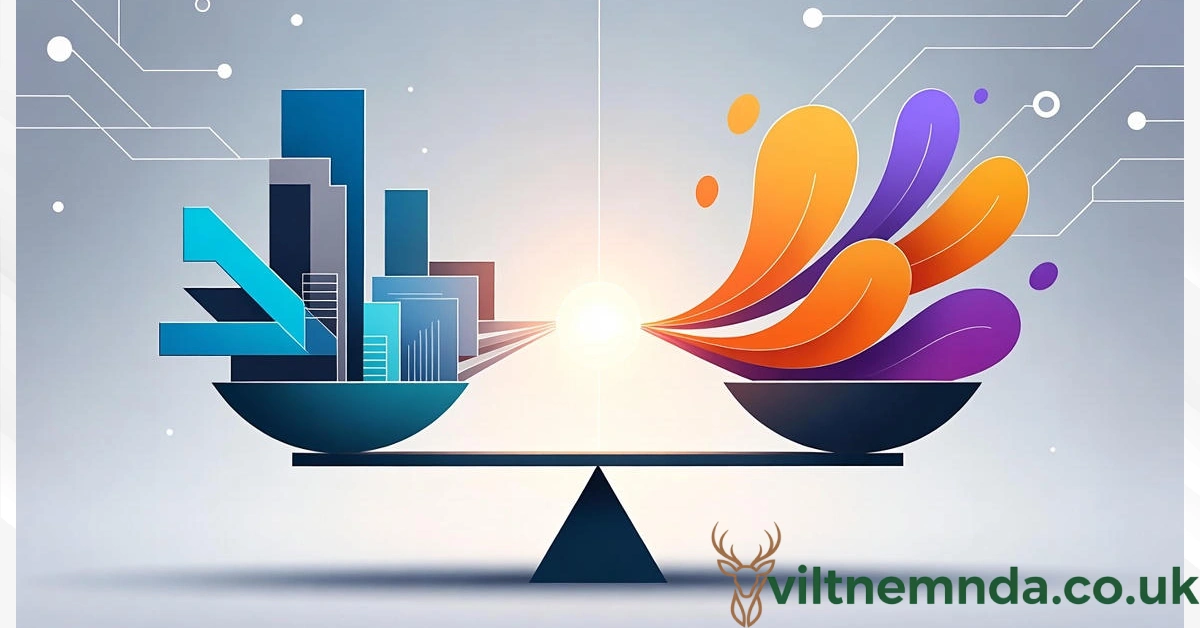 Nimedes framework visualization showing balance between structure and innovation with geometric and organic shapes