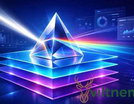 Glowing prismatic prism splitting light into colorful layers with digital dashboards in background, representing prizmatem's modular framework for adaptive interfaces