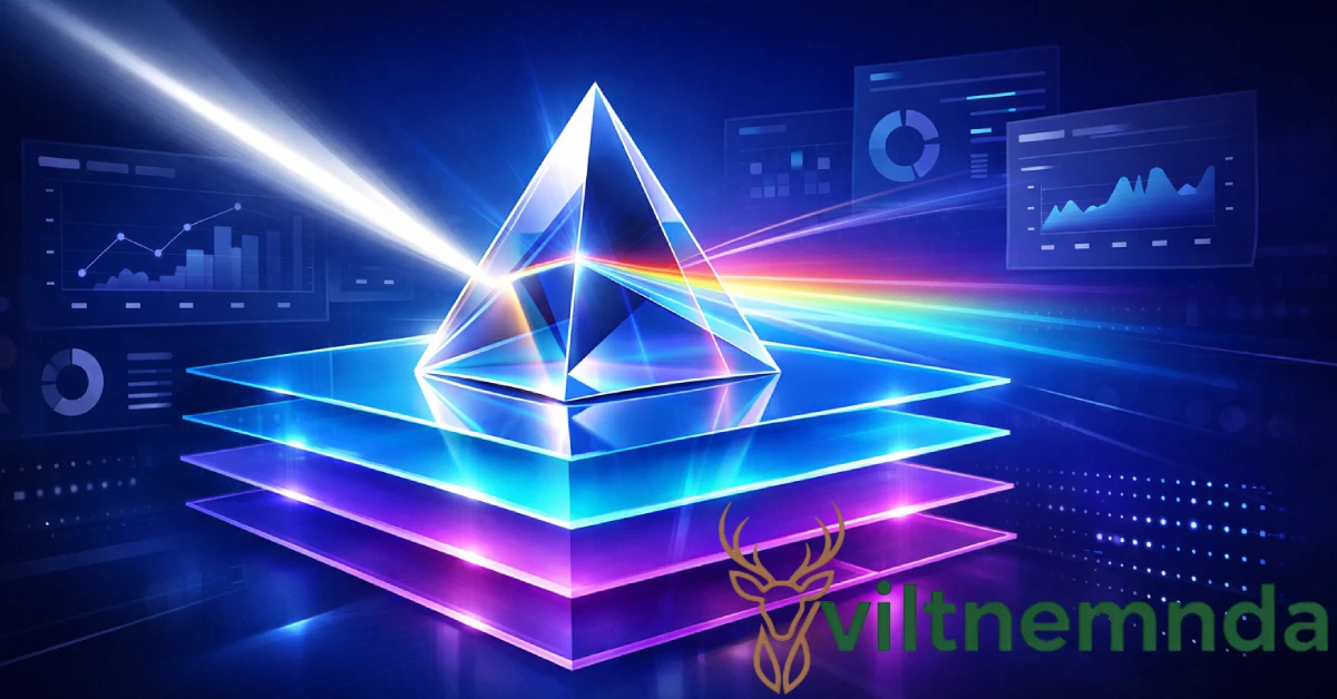 Glowing prismatic prism splitting light into colorful layers with digital dashboards in background, representing prizmatem's modular framework for adaptive interfaces