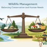 Balance scale showing wildlife management: forest animals and natural habitat on left, sustainable farms with renewable energy on right, representing conservation and human needs in harmony