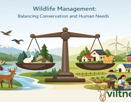 Balance scale showing wildlife management: forest animals and natural habitat on left, sustainable farms with renewable energy on right, representing conservation and human needs in harmony