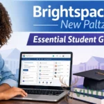 Student using Brightspace New Paltz dashboard on laptop with graduation cap and textbooks—complete guide for SUNY students