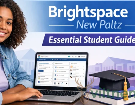 Student using Brightspace New Paltz dashboard on laptop with graduation cap and textbooks—complete guide for SUNY students