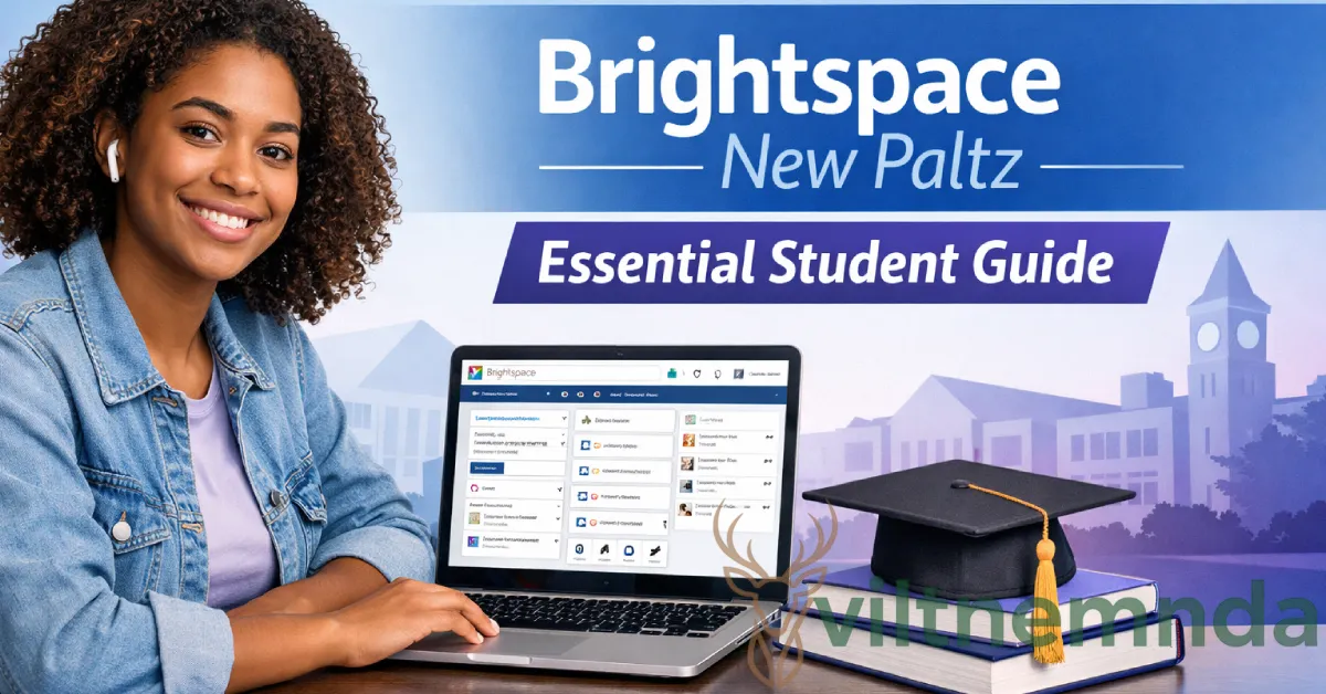 Student using Brightspace New Paltz dashboard on laptop with graduation cap and textbooks—complete guide for SUNY students