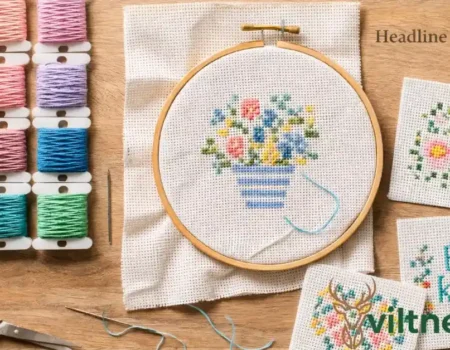 Fanquer embroidery supplies including colored threads, wooden hoop with flower design, finished cross-stitch samples with floral and motivational patterns, needles, scissors, and Aida fabric on wooden background