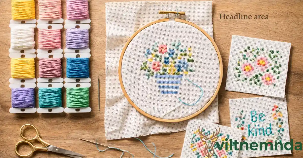 Fanquer embroidery supplies including colored threads, wooden hoop with flower design, finished cross-stitch samples with floral and motivational patterns, needles, scissors, and Aida fabric on wooden background