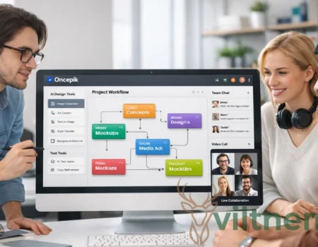 Team of creative professionals collaborating on Oncepik platform showing AI design tools, project workflow board, and real-time team chat features on desktop monitor in modern office workspace.