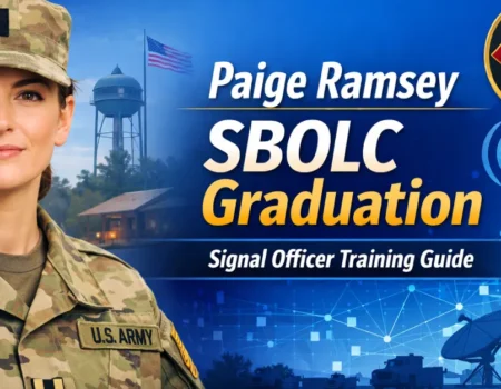Female Army officer in uniform with Army Signal Corps insignia and communications tower representing Paige Ramsey SBOLC graduation and Signal Officer training.