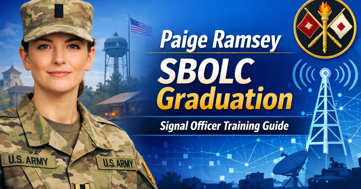 Female Army officer in uniform with Army Signal Corps insignia and communications tower representing Paige Ramsey SBOLC graduation and Signal Officer training.