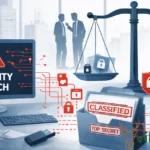 Illustration of data security breach and corporate legal violation showing security breach warning on computer, two businessmen in dispute, scales of justice, classified documents, and locked security icons representing the Rowdy Oxford lawsuit and data theft case