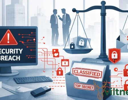 Illustration of data security breach and corporate legal violation showing security breach warning on computer, two businessmen in dispute, scales of justice, classified documents, and locked security icons representing the Rowdy Oxford lawsuit and data theft case