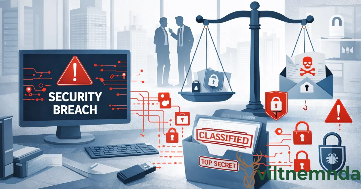Illustration of data security breach and corporate legal violation showing security breach warning on computer, two businessmen in dispute, scales of justice, classified documents, and locked security icons representing the Rowdy Oxford lawsuit and data theft case