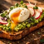 Toastul recipe with avocado, soft-boiled egg, radish slices, and microgreens on golden-brown sourdough toast served on rustic wooden board
