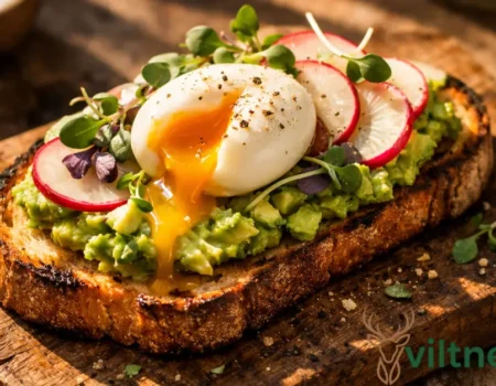 Toastul recipe with avocado, soft-boiled egg, radish slices, and microgreens on golden-brown sourdough toast served on rustic wooden board