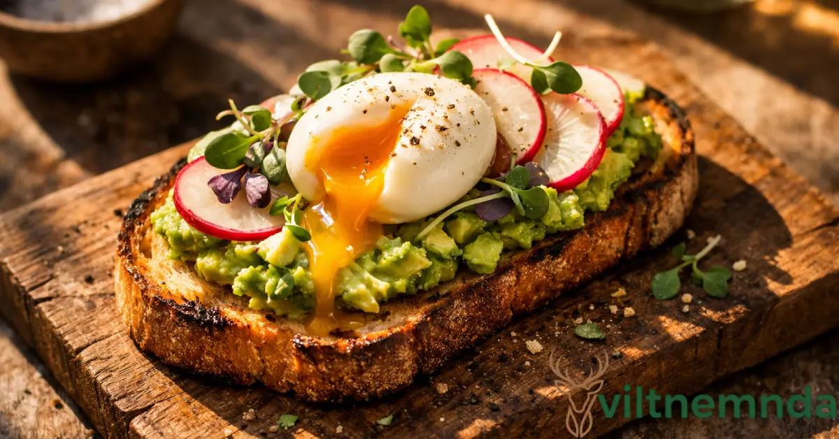 Toastul recipe with avocado, soft-boiled egg, radish slices, and microgreens on golden-brown sourdough toast served on rustic wooden board