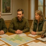 Viltnemnda wildlife committee members meeting around table with maps and documents to discuss local hunting regulations and wildlife management in Norway