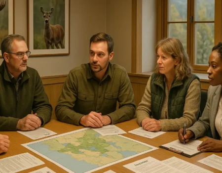 Viltnemnda wildlife committee members meeting around table with maps and documents to discuss local hunting regulations and wildlife management in Norway