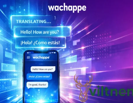 Modern tech illustration showing the wachappe app on a smartphone with AI-powered chat translation and futuristic digital effects.