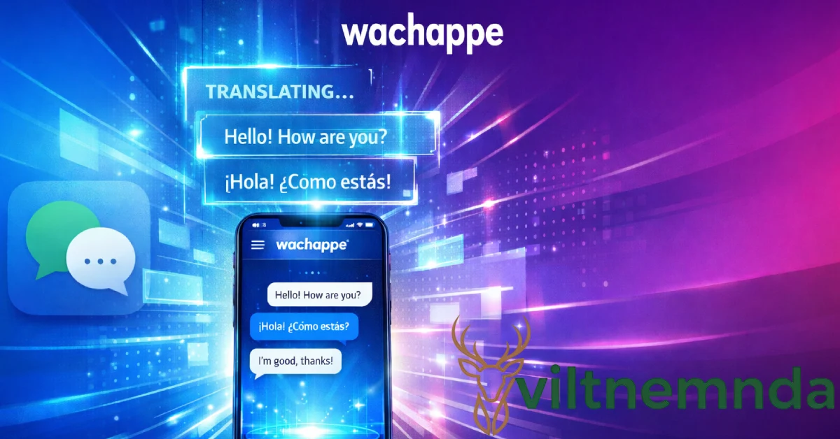 Modern tech illustration showing the wachappe app on a smartphone with AI-powered chat translation and futuristic digital effects.