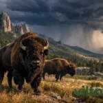 Buffalo herd grazing in Black Hills near Rapid City with dramatic mountain peaks and stormy sky demonstrating team resilience and wildlife inspiration for leadership