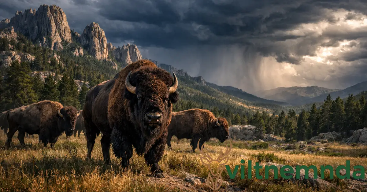 Buffalo herd grazing in Black Hills near Rapid City with dramatic mountain peaks and stormy sky demonstrating team resilience and wildlife inspiration for leadership
