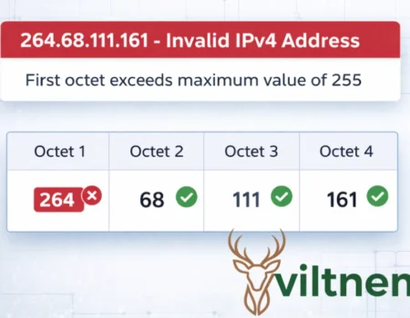 IPv4 address validation diagram showing why 264.68.111.161 exceeds the maximum 255 value and breaks IPv4 format requirements