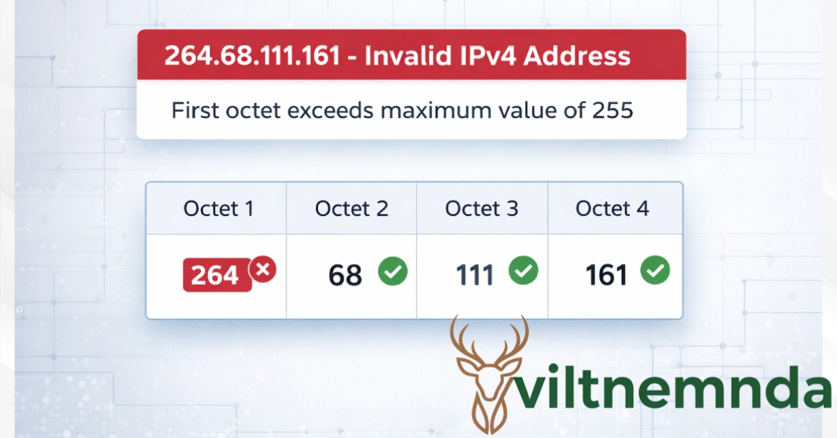 IPv4 address validation diagram showing why 264.68.111.161 exceeds the maximum 255 value and breaks IPv4 format requirements