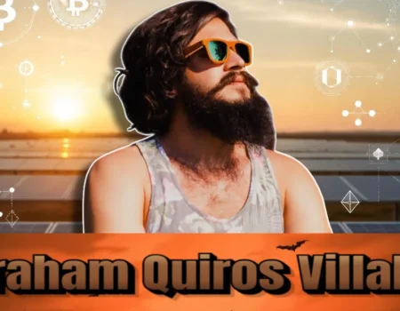 Abraham Quiros Villalba visionary entrepreneur with cryptocurrency blockchain symbols and sunset representing renewable energy innovation