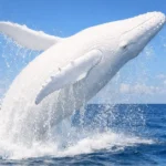 An albino humpback whale breaching from the ocean showing brilliant white coloring against blue water