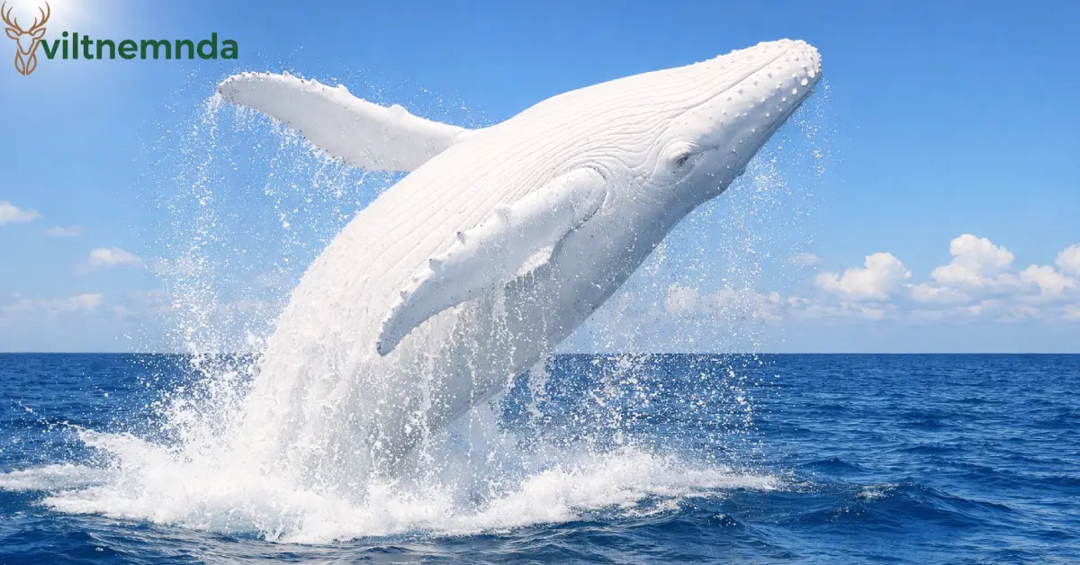 An albino humpback whale breaching from the ocean showing brilliant white coloring against blue water