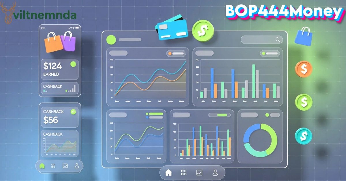 BOP444Money digital finance platform dashboard showing budgeting tools, cashback rewards, and earning opportunities interface