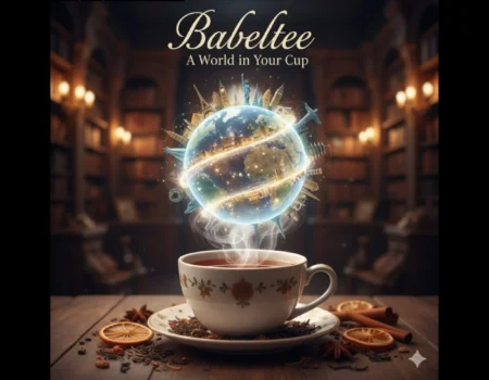 An elegant teacup and globe illustration representing the Babeltee brand tagline "A World in Your Cup.