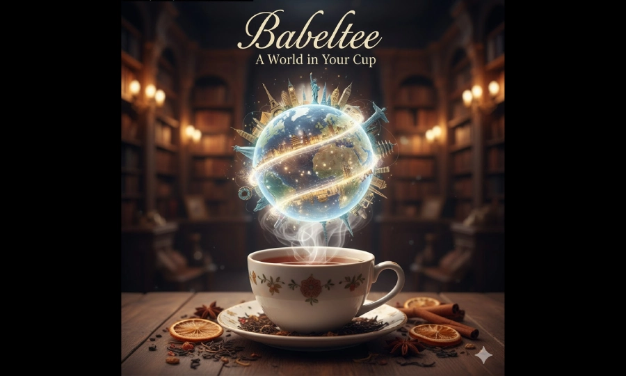 An elegant teacup and globe illustration representing the Babeltee brand tagline "A World in Your Cup.