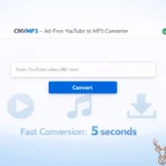 CNVMP3 YouTube to MP3 converter interface showing input field, convert button, and ad-free badge