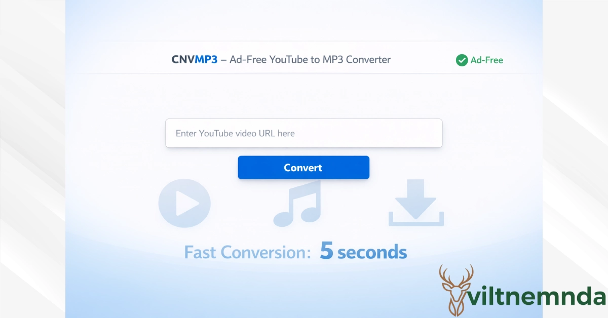 CNVMP3 YouTube to MP3 converter interface showing input field, convert button, and ad-free badge