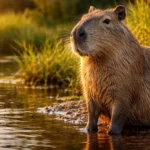Large capybara near water showing typical features of world's largest rodent in natural South American habitat