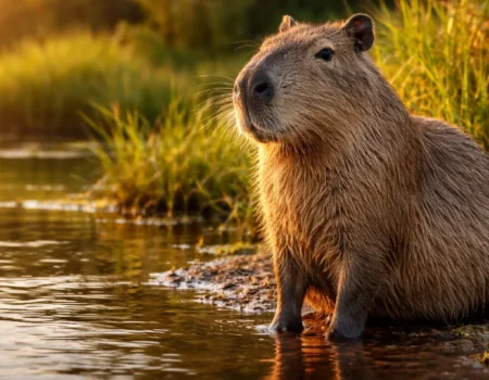 Large capybara near water showing typical features of world's largest rodent in natural South American habitat